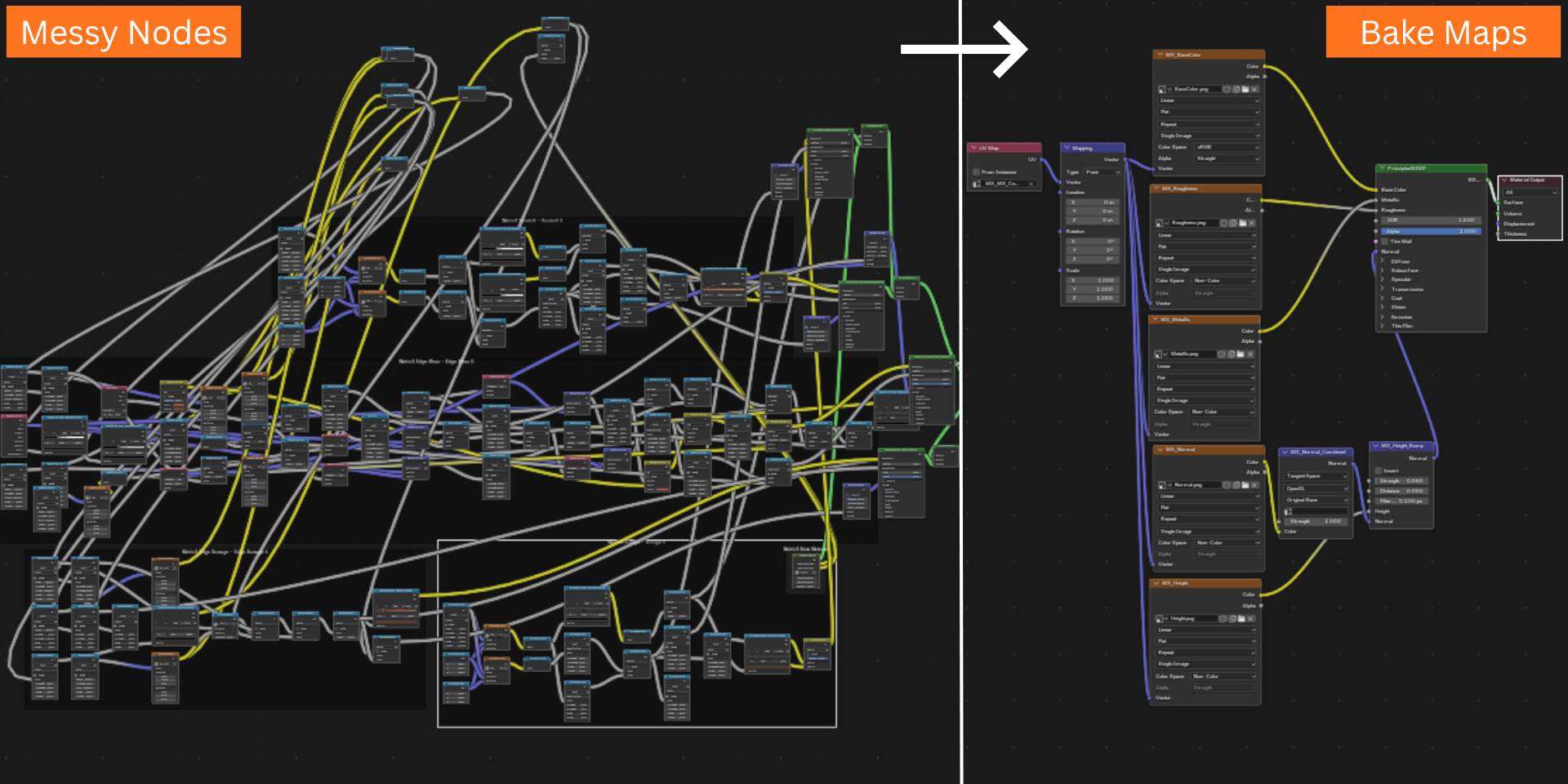 MatricX Bake — raw, complex shader nodes before baking