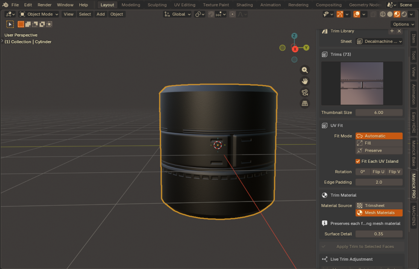 MatricX PRO trim sheet applied to selected faces